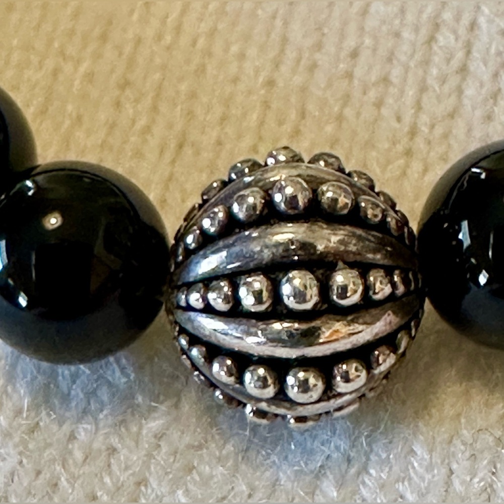 Black Beaded Stretch Bracelet with Silver Accent | Elegant Women’s Jewelry - Picture 3 of 5